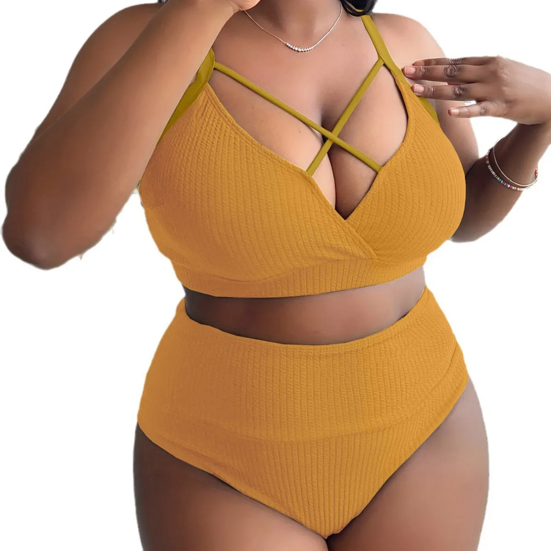 Summer Women Fashion Sexy Plus Size Solid Color Cross Hollow Sling High Waist Swimsuit Set