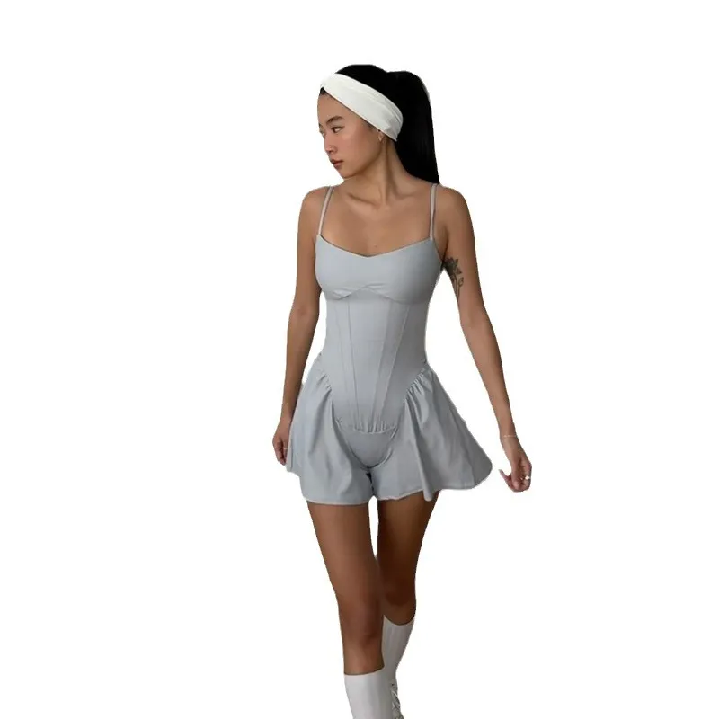 Wide-Leg A-Line Fitness Romper with Suspenders