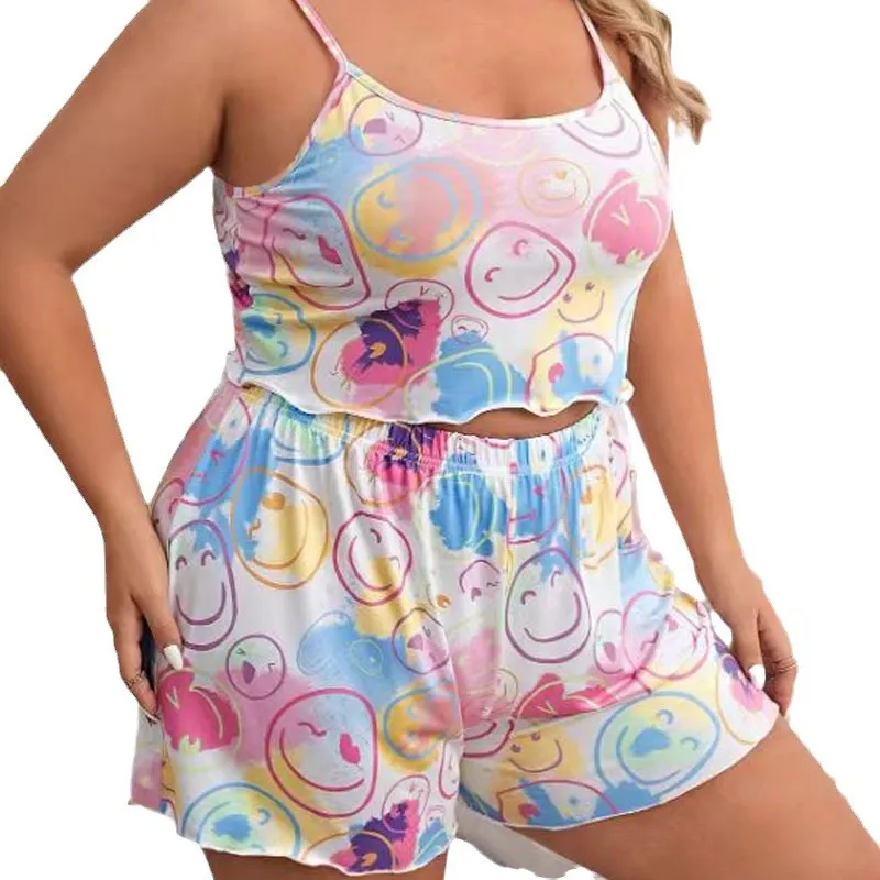 Plus Size Smiley Face Print Pajama Set