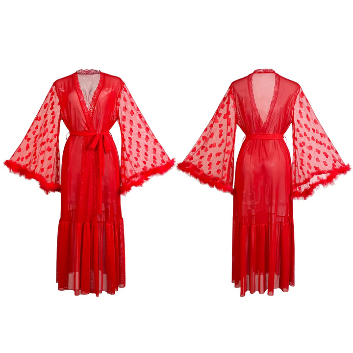 Heart Mesh Feather Trim Long Sleeve Pajama Set