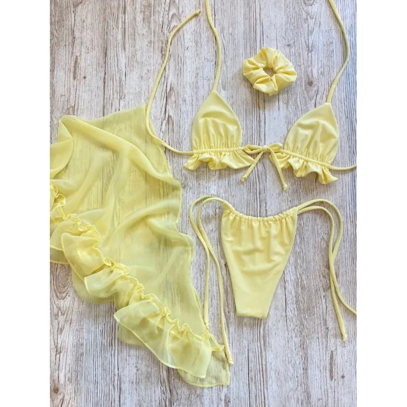 Women Halterneck Lace Pleated Mesh Skirt Bikini Set