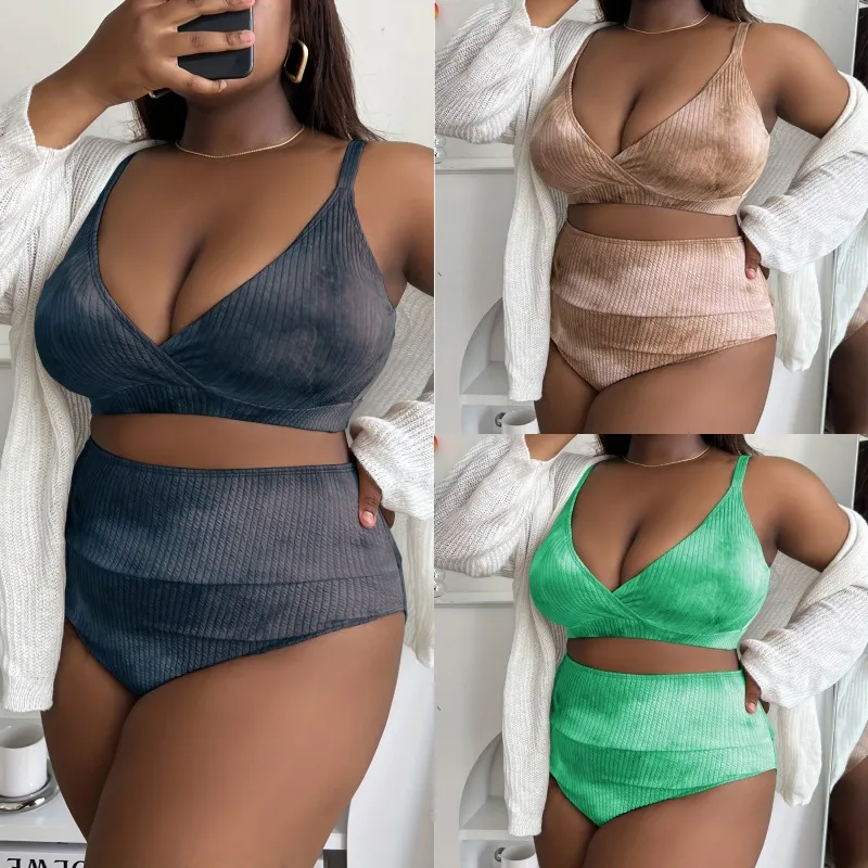 Summer Women Fashionable Plus Size Deep V Strap Tie-Dye Printed High Waist Swimsuit Set