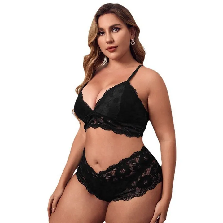 Plus Size Lace Strappy Bra and Panty Set