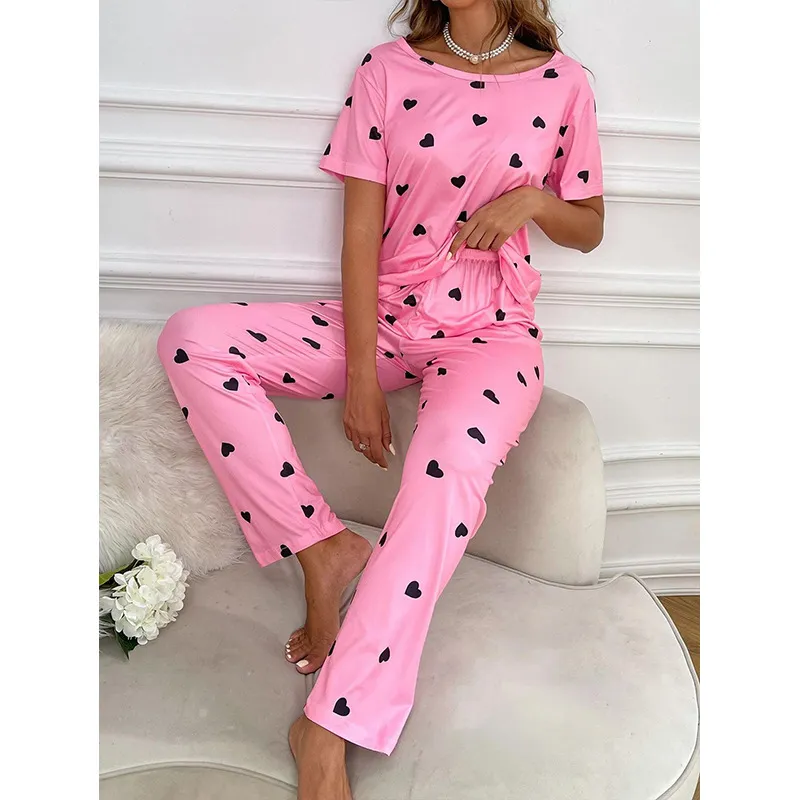 Casual Heart Print Short Sleeve and Pants Pajama Set