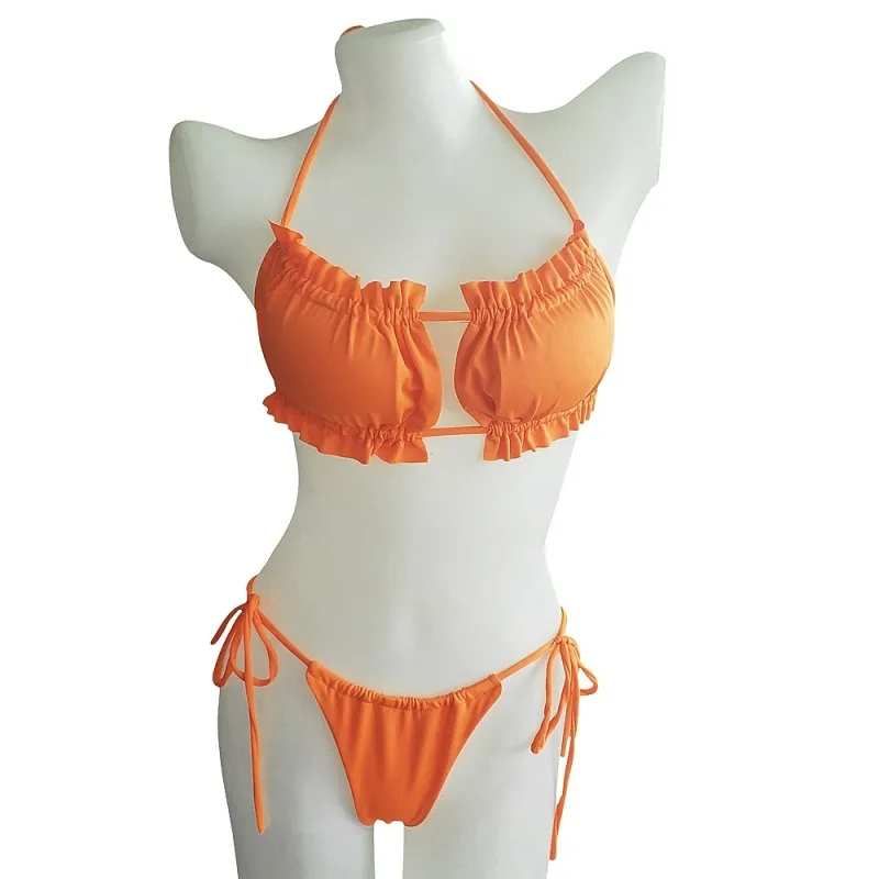 Solid Color Ruched Cut-Out Halter Lace-Up Bikini Set