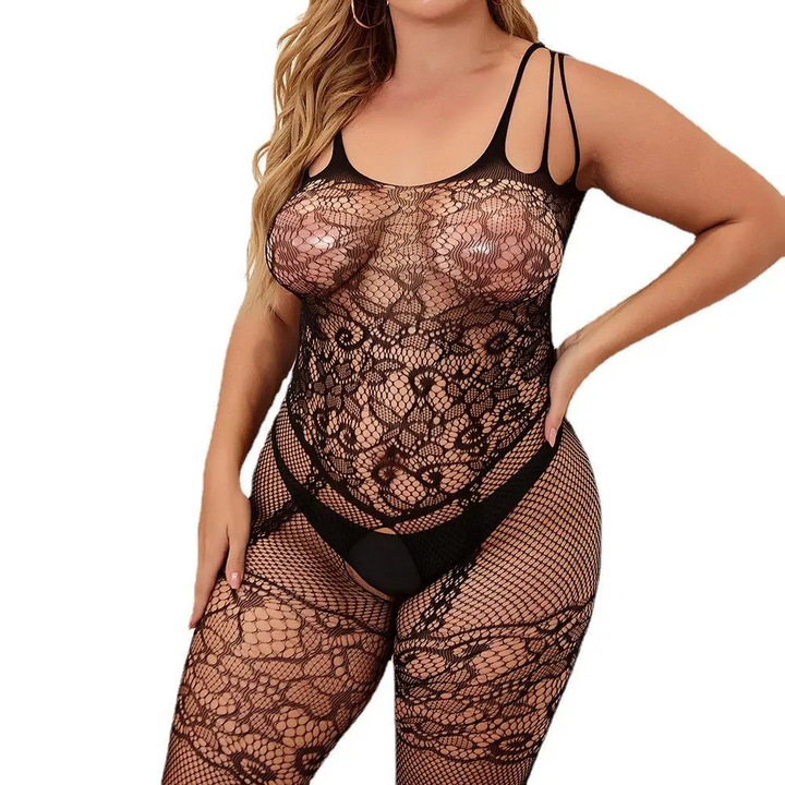 Plus Size Lace Hollow Sheer Tight Lingerie Jumpsuit
