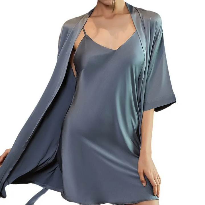 Solid Color Satin Nightdress & Robe Set