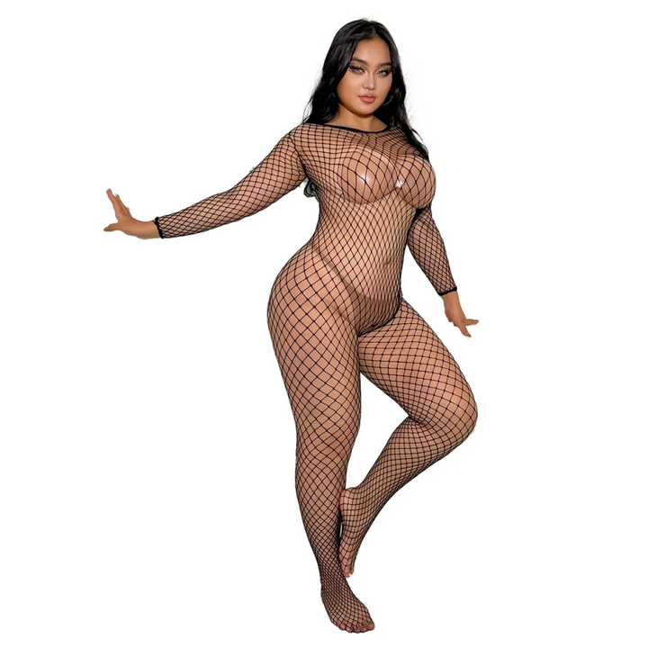 Plus Size Fishnet Crotchless Lingerie Jumpsuit