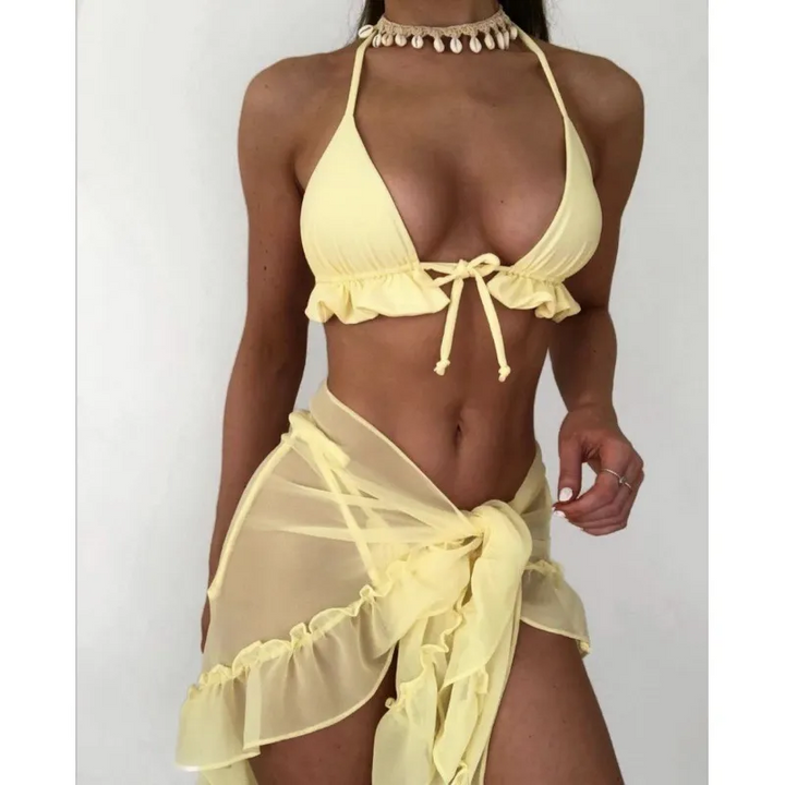 Women Halterneck Lace Pleated Mesh Skirt Bikini Set